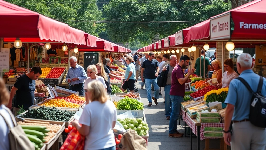 Busy farmers market scene with multiple vendor booths displaying fresh produce and prepared foods, customers shopping and interacting, vibrant canopies and signage visible, capturing the community atmosphere and economic activity of a thriving local market