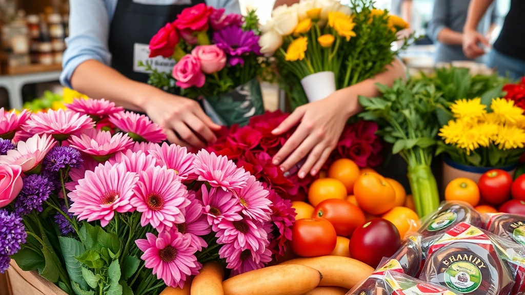 Close-up of vendor hands arranging fresh flowers and produce in an attractive market display booth, showing professional presentation, quality emphasis, and customer-focused merchandising that communicates brand value and product freshness