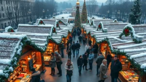 Overhead view of bustling outdoor Christmas market with wooden vendor booths, holiday decorations, shoppers browsing merchandise, festive lighting, winter atmosphere, photorealistic urban holiday retail scene