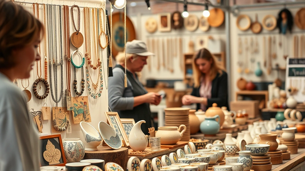 Close-up of artisan vendor displaying handmade jewelry, ceramics, and crafts at market booth with professional lighting, organized product display, customer interaction, authentic small business retail environment