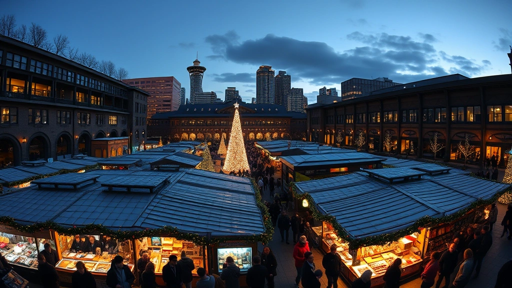 Wide-angle view of Seattle Center holiday market at dusk with illuminated vendor stalls, crowds of shoppers, winter decorations, food vendors, festive atmosphere, urban holiday commerce in action