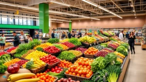 Modern grocery store produce section with vibrant fresh vegetables and fruits arranged on tiered displays, natural lighting highlighting quality and freshness, diverse customer browsing in background, clean professional retail environment