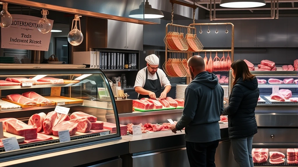 Independent market meat counter with butcher in professional attire preparing fresh cuts behind glass display case, quality meat products visible, professional lighting, clean stainless steel surfaces, customer service interaction visible