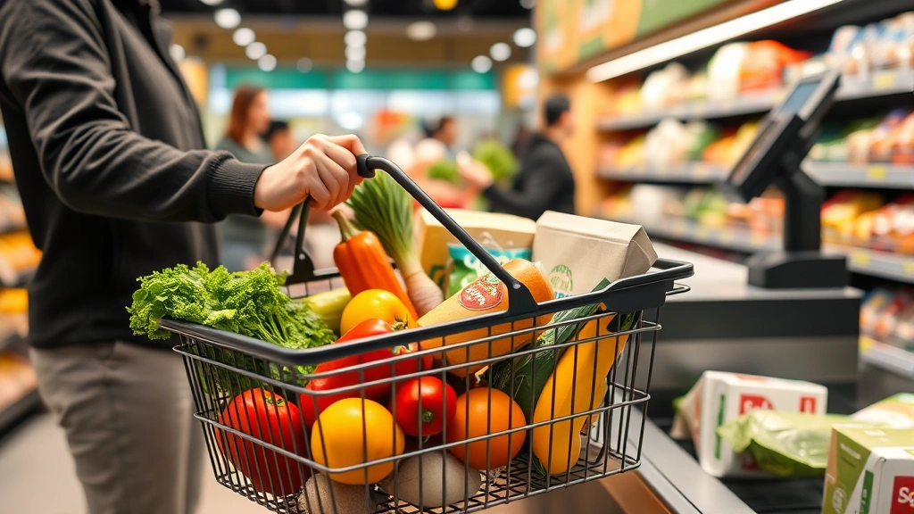 Shopping basket filled with fresh groceries including vegetables, packaged items, and dairy products, person at checkout counter with register, warm retail lighting, professional grocery store interior, focus on transaction completion