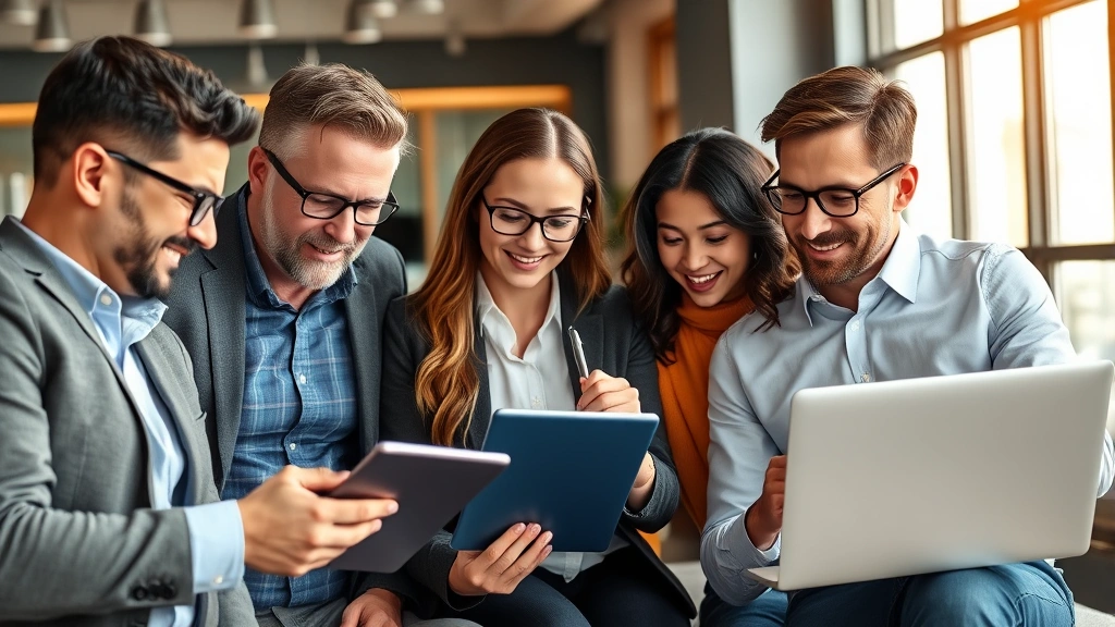 Diverse group of investors monitoring portfolio performance on tablets and laptops, demonstrating collaborative decision-making during market volatility with focused expressions