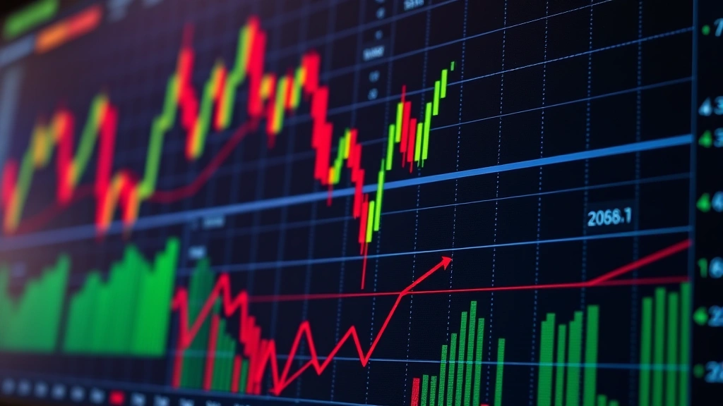 Close-up of financial dashboard displaying market indices, candlestick charts, and real-time data feeds with red downward trends, representing market analysis and strategic planning