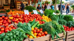 Vibrant farmers market vendor display with colorful seasonal produce including tomatoes, peppers, and fresh herbs arranged in wooden crates, natural daylight, customers browsing in background