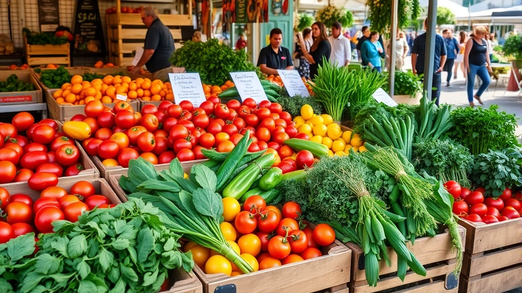 Vibrant farmers market vendor display with colorful seasonal produce including tomatoes, peppers, and fresh herbs arranged in wooden crates, natural daylight, customers browsing in background