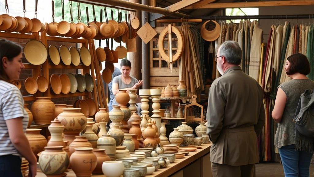 Artisan craftsperson at heritage market stall displaying handmade pottery, wooden goods, and textiles, vendor engaging with customers, rustic market setting with natural lighting