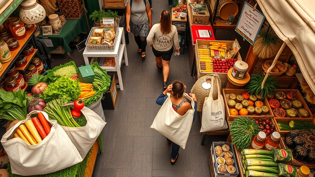 Overhead view of heritage market shopping scene with reusable cloth bags filled with fresh vegetables, local honey jars, and artisan products, customers walking between vendor stalls