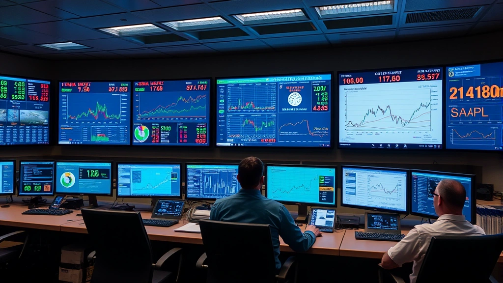 Professional electricity control room with operators monitoring vast digital displays showing real-time grid data, market prices, and generation facility status across multiple screens and dashboard panels