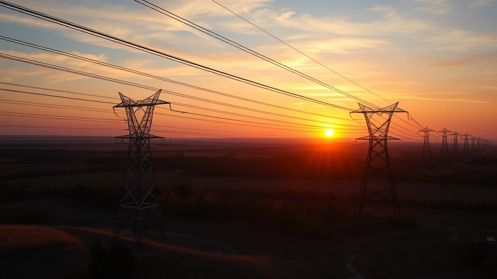 High-voltage transmission lines stretching across landscape at sunset, showing interconnected power infrastructure connecting multiple generation sources and distribution points across geographic regions