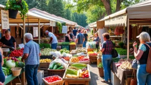 Bustling farmers market with diverse vendors selling fresh produce, artisanal goods, and prepared foods at outdoor market stalls, customers browsing and shopping, natural daylight, community atmosphere, realistic photography