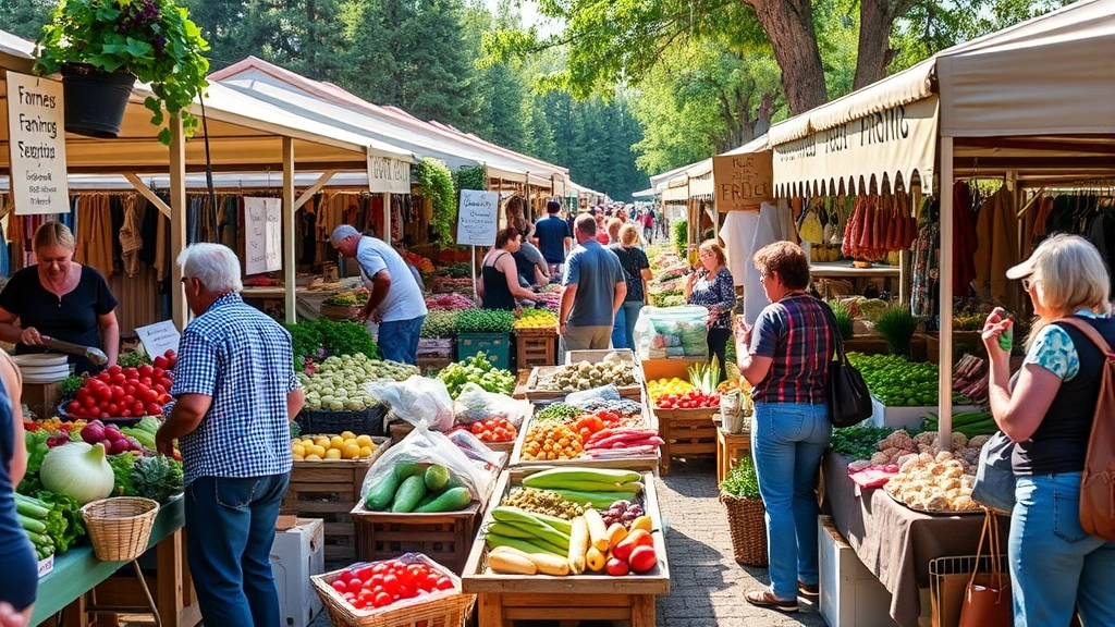 Bustling farmers market with diverse vendors selling fresh produce, artisanal goods, and prepared foods at outdoor market stalls, customers browsing and shopping, natural daylight, community atmosphere, realistic photography
