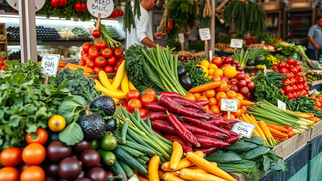 Close-up of fresh seasonal produce displays at market stall including colorful vegetables, fruits, and herbs with vendor arranging products, natural lighting, authentic market setting, photorealistic detail