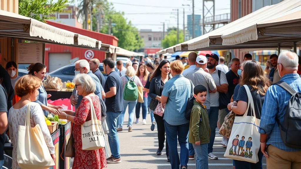 Community members gathering at public market with vendors at stands, customers with reusable bags shopping, diverse age groups interacting, outdoor market environment, vibrant community space, realistic market scene