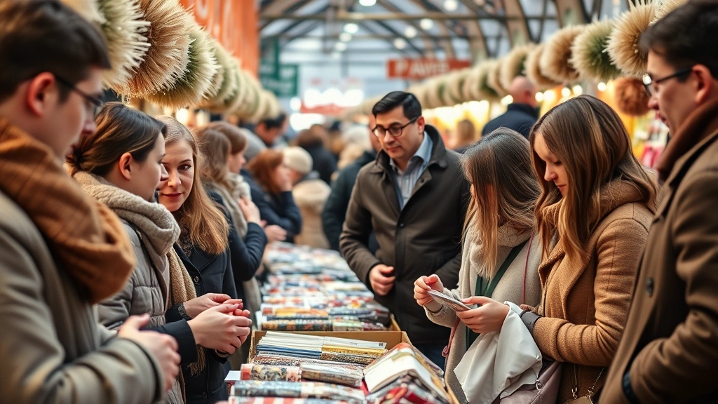 Professional photograph of diverse shoppers browsing vendor stalls at an indoor winter market, examining merchandise with focused attention, natural winter clothing visible, bright market lighting, busy but organized retail environment