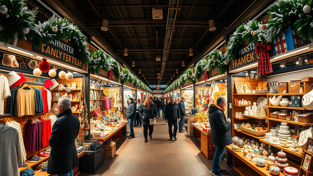 Wide-angle shot of multiple vendor booths displaying winter merchandise including clothing, decorative items, and home goods, customers interacting with vendors, merchandise variety visible, professional market display setup, warm ambient lighting