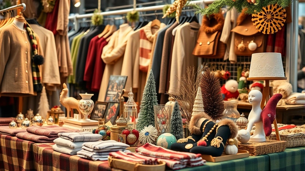 Close-up detail photograph of winter market merchandise including quality clothing items, decorative pieces, and handcrafted goods arranged on vendor display tables, demonstrating product variety and quality, professional presentation lighting