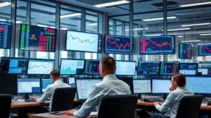 Professional financial services office with traders and analysts monitoring multiple digital screens displaying market data, charts, and trading platforms in a modern glass-walled trading floor environment