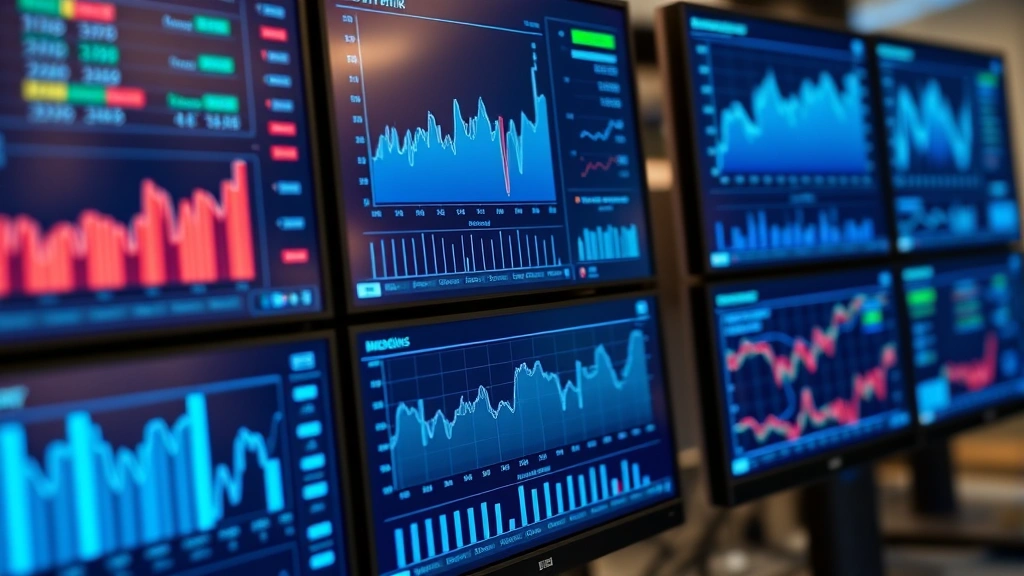 Close-up of sophisticated financial technology dashboard showing real-time portfolio analytics, performance metrics, and risk management tools on high-resolution monitors in a institutional investment setting