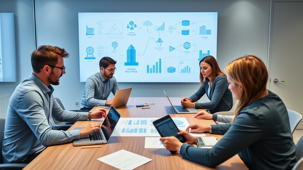 Team of financial technology professionals collaborating around a conference table with laptops and tablets, reviewing blockchain architecture diagrams and cloud infrastructure schematics for fintech solutions