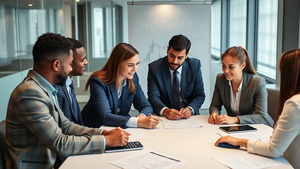 Diverse group of people in business attire discussing investment strategy around conference table with financial documents and calculators, collaborative atmosphere, corporate office setting