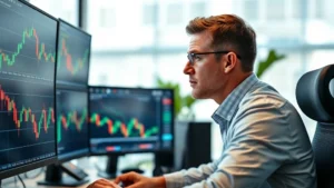 Professional analyst reviewing stock market charts on multiple monitors in modern office, candlestick graphs showing market decline, serious focused expression, financial data visualizations