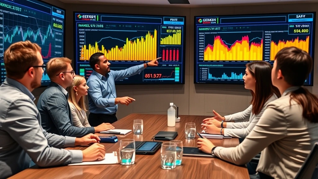 Diverse investment team in boardroom discussing market strategy, pointing at large digital displays with portfolio metrics and economic indicators, collaborative problem-solving atmosphere