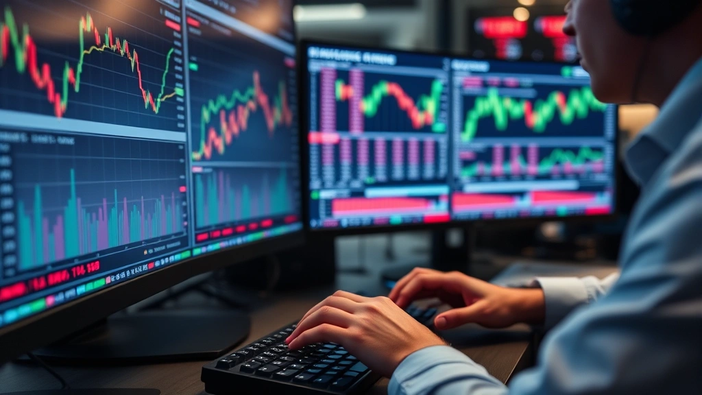 Close-up of trader monitoring real-time market data on sophisticated trading platform, multiple screens showing indices and sector performance, hands on keyboard, concentrated professional environment