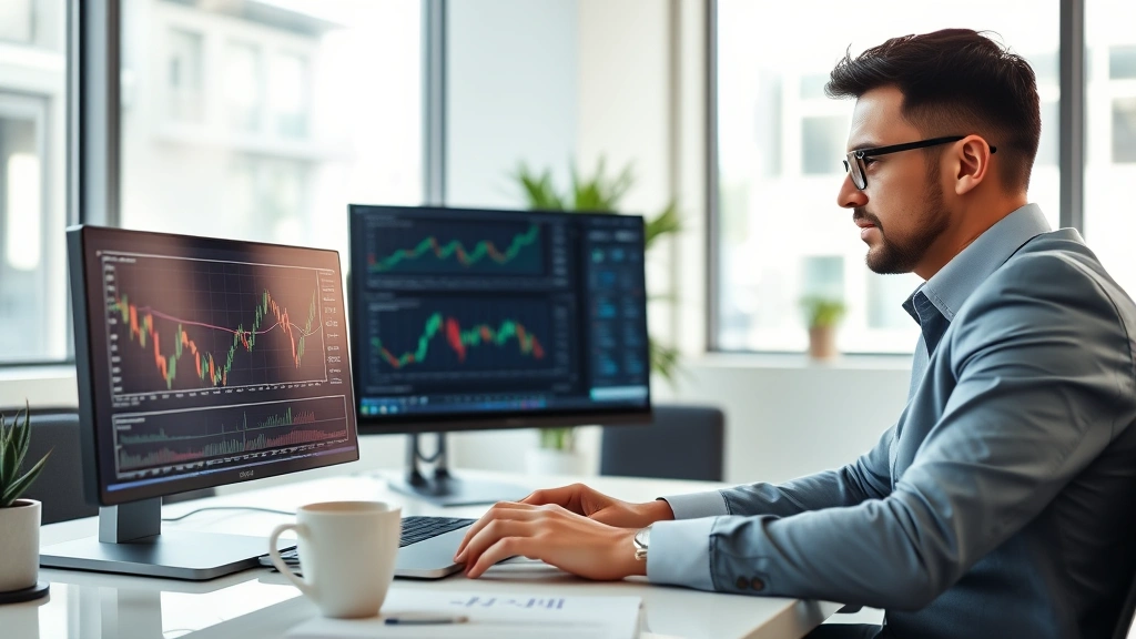 Professional Spanish investor analyzing stock charts on modern laptop in bright financial office setting, charts visible on dual monitors, coffee cup on desk, focused expression, natural daylight, contemporary business environment