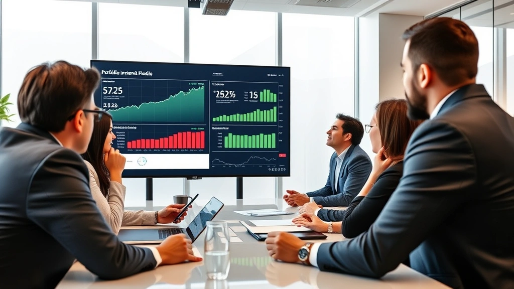 Diverse group of Spanish and Latin American investors in modern conference room reviewing portfolio performance on large display screen, collaborative discussion, professional attire, European office setting, daytime lighting