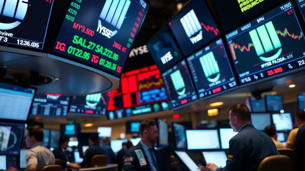 Close-up of trading floor activity with multiple screens displaying stock tickers and market data, professional traders at workstations, financial data visualizations, dynamic market environment, contemporary trading technology visible