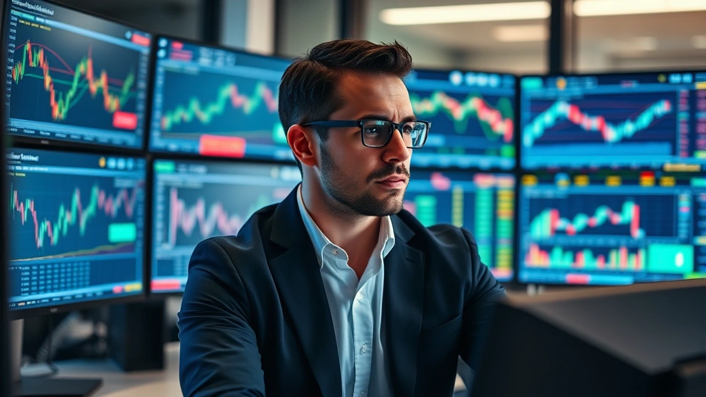 Professional financial analyst reviewing market data on multiple monitors with charts and economic indicators displayed, serious focused expression, modern office environment with stock market data visible