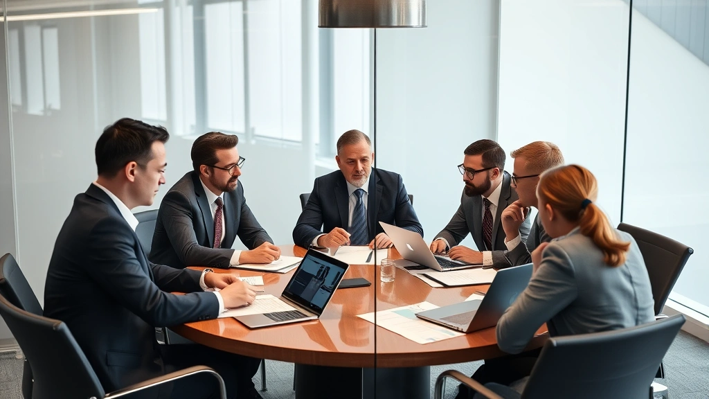 Diverse group of investors having serious discussion around conference table analyzing market reports and financial statements, professional business attire, analytical documents and laptops visible