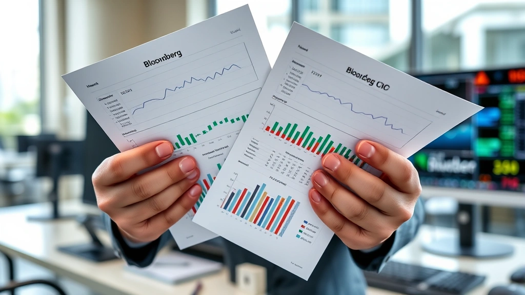 Close-up of financial professional's hands holding portfolio analysis documents with market performance graphs and valuation metrics, modern workspace with Bloomberg terminals visible in background