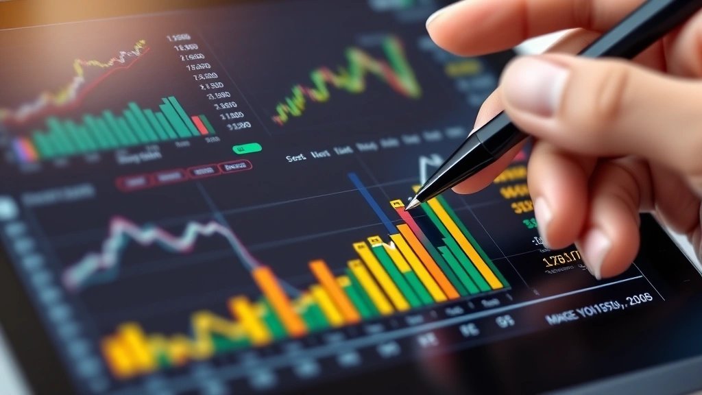 Close-up of financial analysis showing stock portfolio performance metrics, growth charts, and investment data on tablet screen with stylus, business professional hand pointing at upward trending line