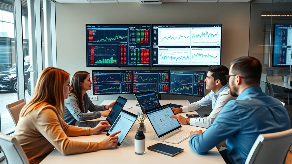 Diverse investment team in modern conference room reviewing market analysis reports, multiple monitors displaying stock tickers and financial dashboards, collaborative business setting with charts and data visualizations
