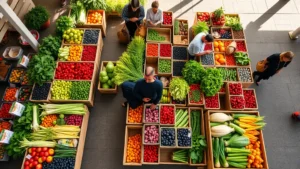 Overhead view of colorful fresh produce displays at a farmers market with customers browsing vegetables, berries, and fruits organized in wooden crates and baskets, natural sunlight, vibrant colors