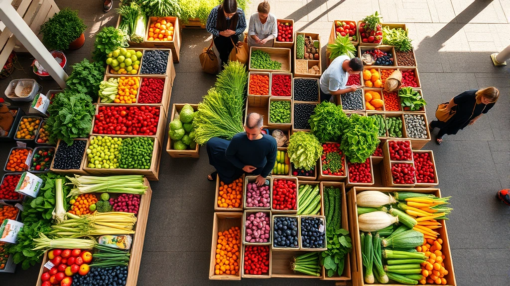 Overhead view of colorful fresh produce displays at a farmers market with customers browsing vegetables, berries, and fruits organized in wooden crates and baskets, natural sunlight, vibrant colors