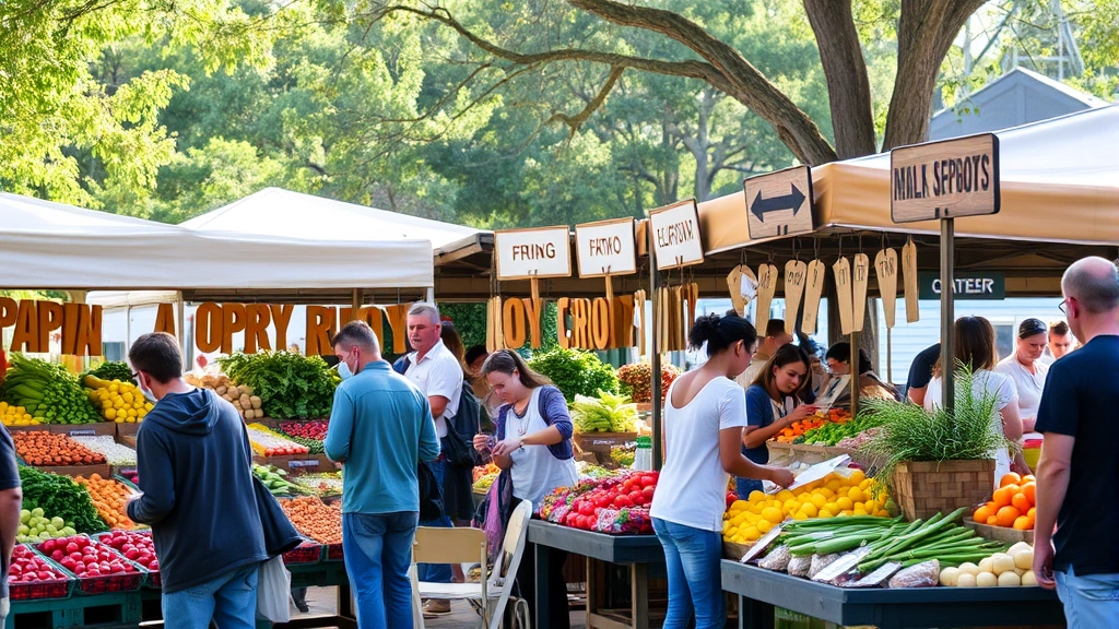 Diverse vendors at market stalls with fresh products, customers selecting items, wooden signage, natural outdoor setting, community atmosphere, morning light