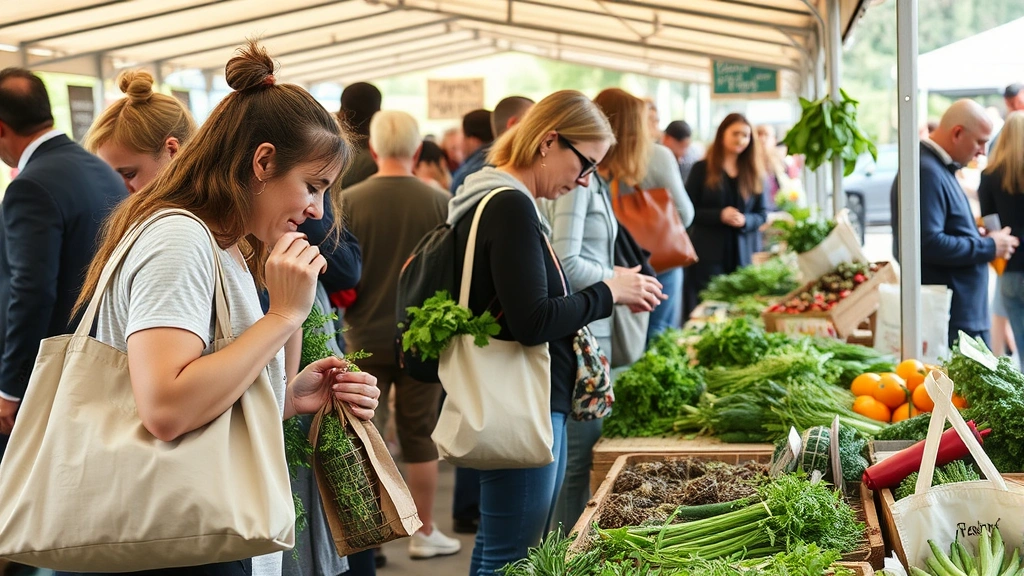 Customers with reusable bags shopping at farmers market, examining fresh herbs and vegetables, vendor interaction, community engagement, authentic market scene