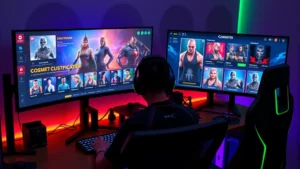 Professional gaming setup with multiple monitors displaying competitive multiplayer game interface, showing character cosmetics and cosmetic shop interface, modern gaming peripherals, RGB lighting, focused player at desk