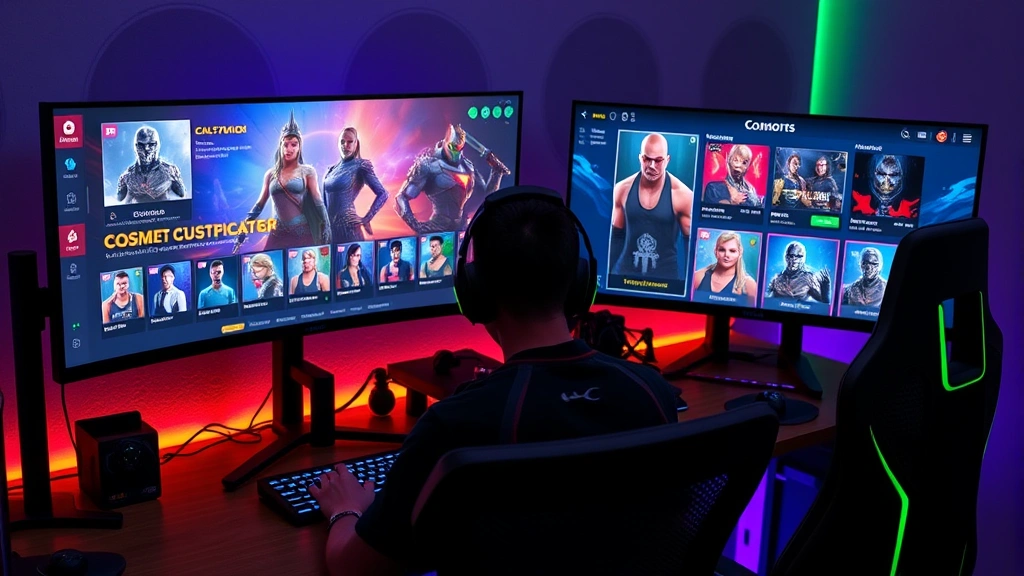 Professional gaming setup with multiple monitors displaying competitive multiplayer game interface, showing character cosmetics and cosmetic shop interface, modern gaming peripherals, RGB lighting, focused player at desk