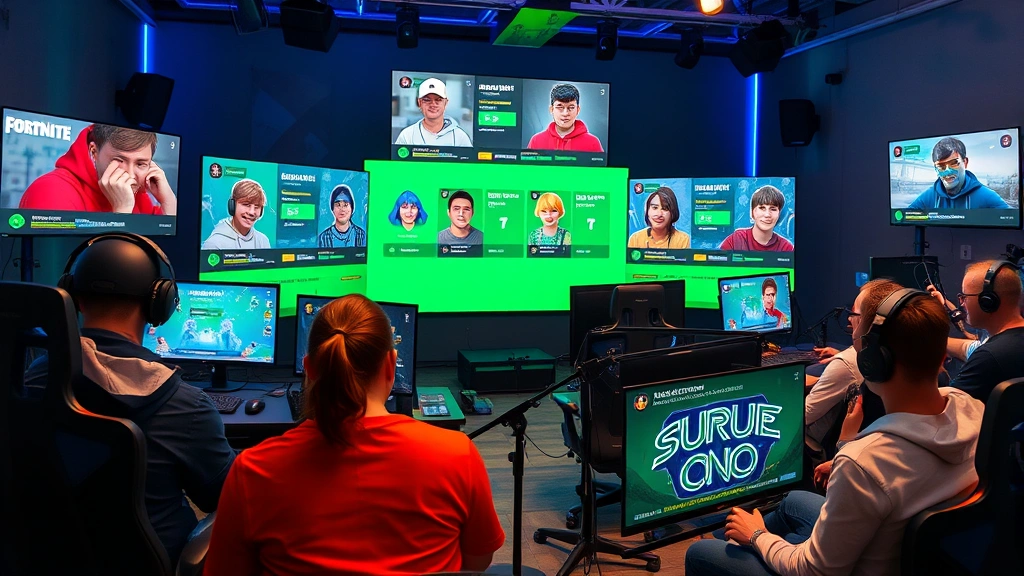 Diverse group of gamers streaming live with cosmetic overlays and battle pass progression visualizations, professional streaming setup with green screen, gaming chair, microphone, multiple viewers watching on screens