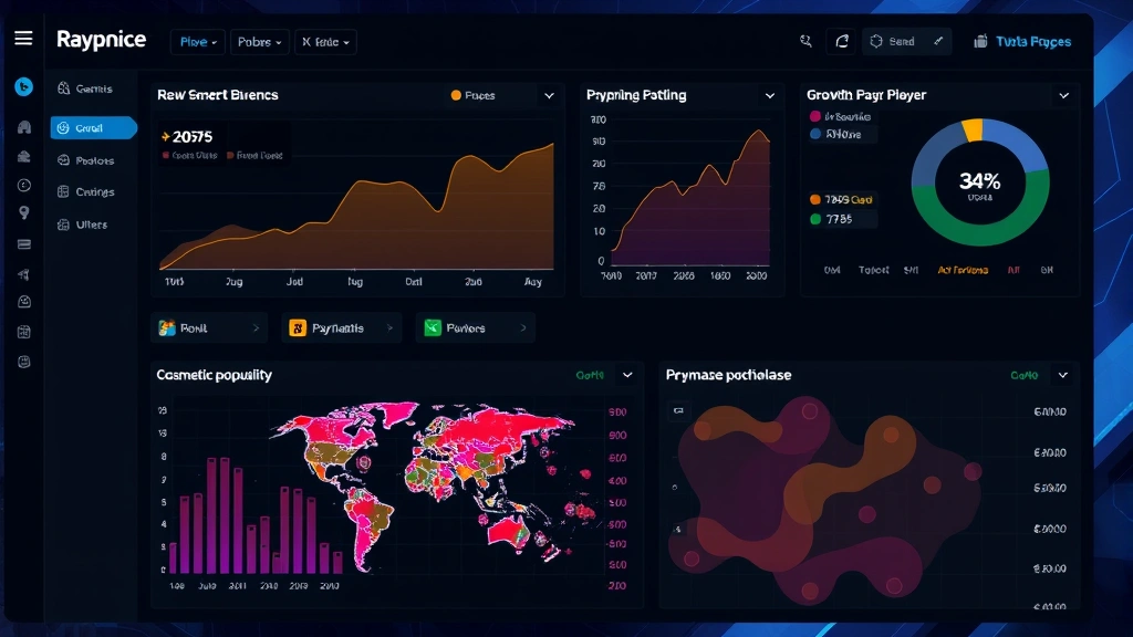 Gaming analytics dashboard displaying revenue charts, player spending patterns, cosmetic popularity metrics, growth trends, heatmaps showing purchase behavior, business intelligence interface with gaming theme