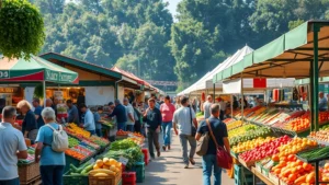 Bustling farmers market with colorful produce stands, shoppers browsing fresh vegetables and fruits, vendor tents, natural daylight, crowded community gathering atmosphere, photorealistic