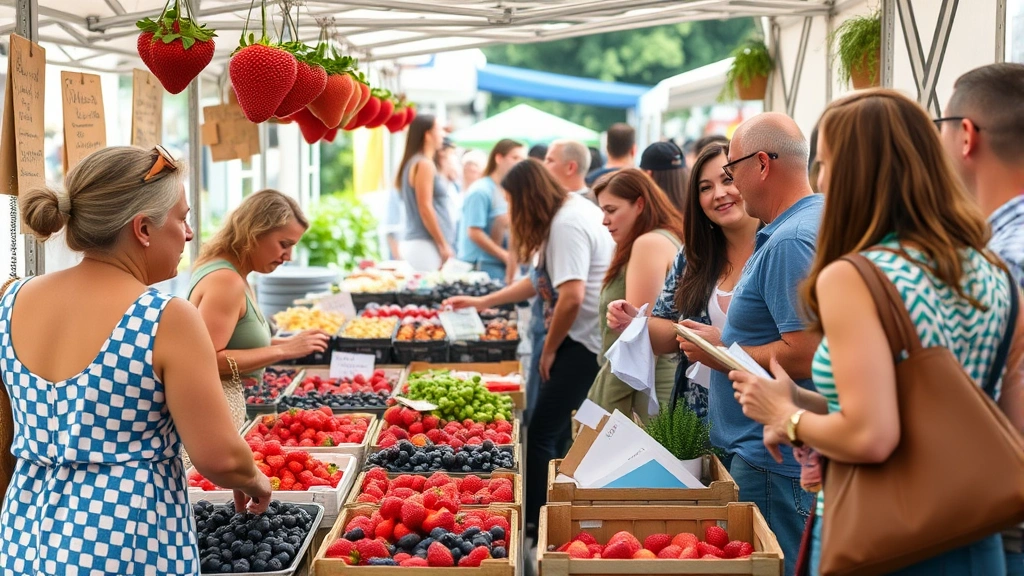 Diverse customers shopping at farmers market stalls with fresh berries, artisanal goods, and prepared foods, community interaction, outdoor market environment, vibrant marketplace activity