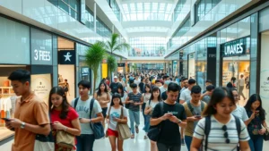 Bustling modern shopping mall in Southeast Asia with diverse young shoppers using smartphones, bright contemporary retail storefronts, natural daylight streaming through glass architecture, vibrant energy and commercial activity