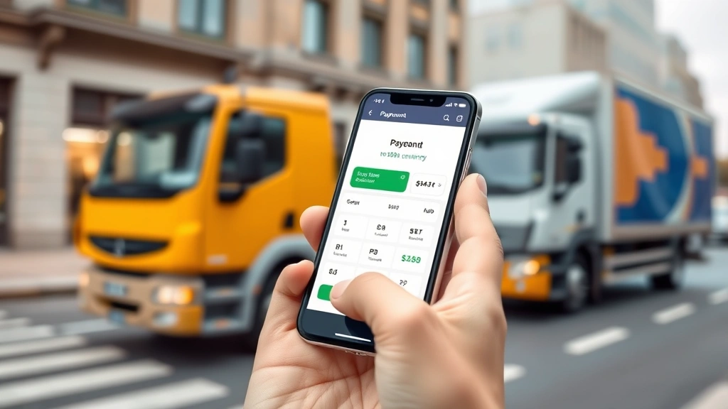 Mobile payment transaction on smartphone screen showing digital wallet interface, logistics delivery truck in background navigating urban street, represented symbolically with commerce and technology integration